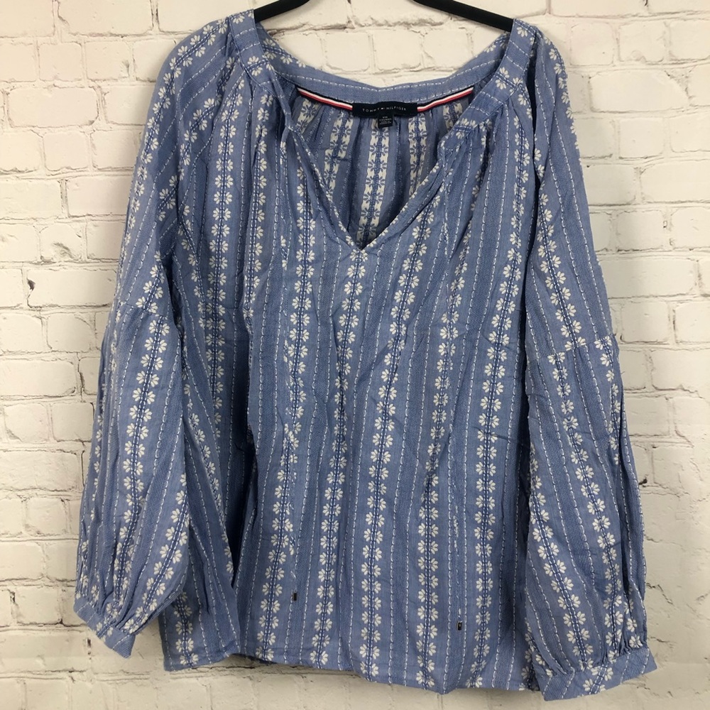 Tommy Hilfiger Balloon Long Sleeve Blue & White Floral Top XXL